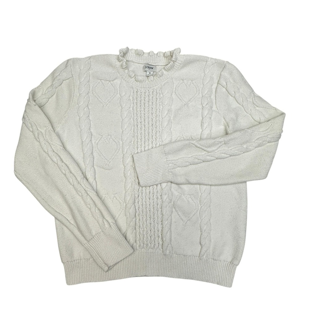 J Crew Sweater Womens Medium White Heart Cable Knit Ruffle Mock Neck Pullover